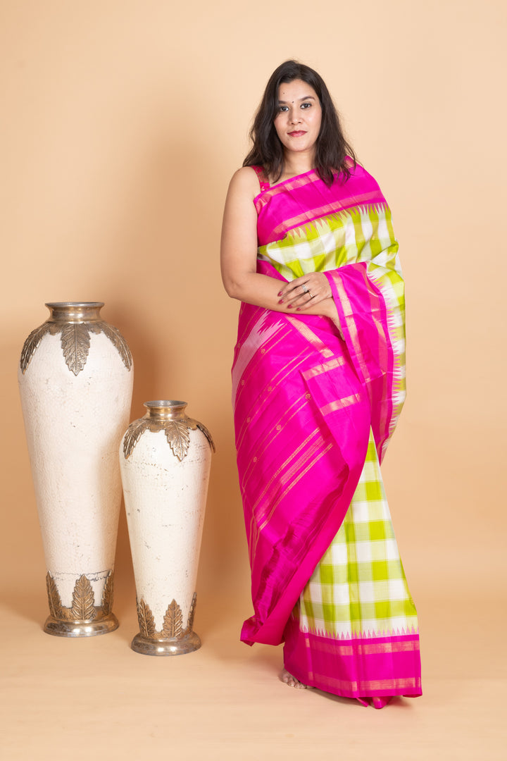 Lime Green and Deep Pink Kanjivaram Pattu Saree