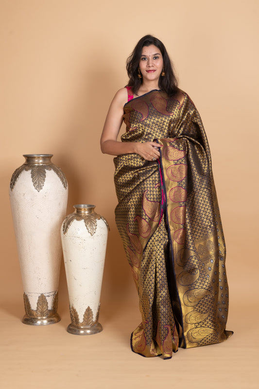 Navy Blue and Navy Blue Kanjivaram Pattu Saree