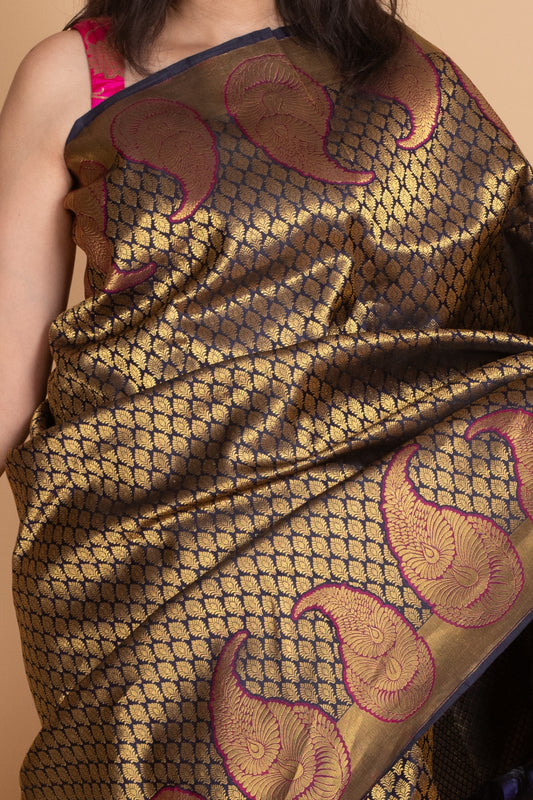 Navy Blue and Navy Blue Kanjivaram Pattu Saree