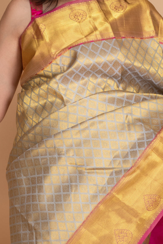 Ice Grey and Rani Pink Kanjivaram Pattu Saree