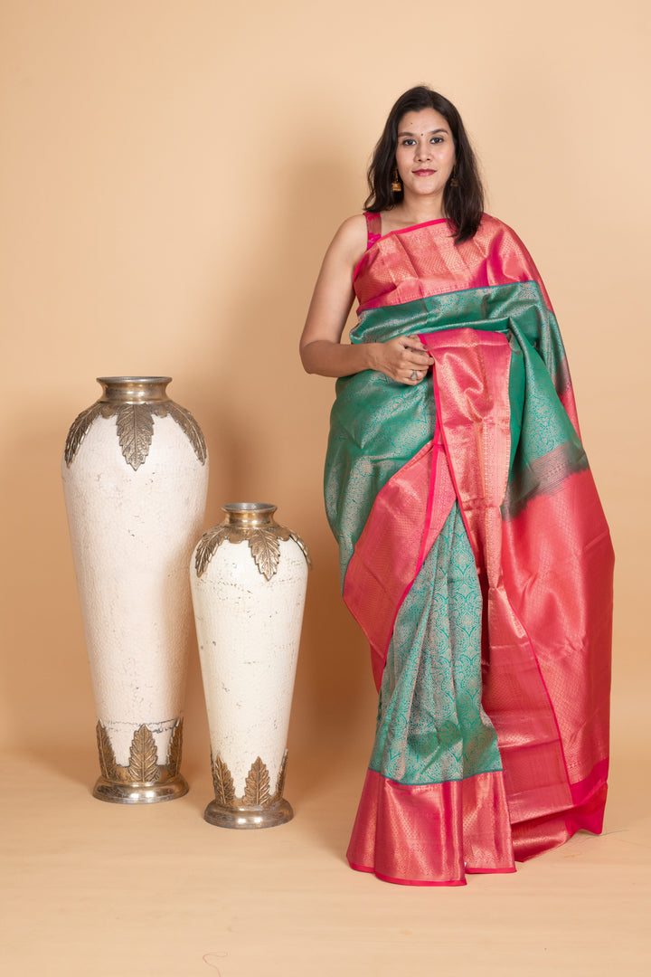 Peacock Green and Raspberry Pink Kanjivaram Pattu Saree