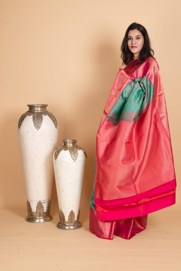 Peacock Green and Raspberry Pink Kanjivaram Pattu Saree