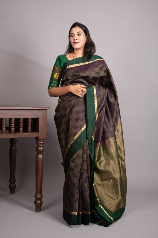 Rasin Purple and Bottel Green Pure Kanjivaram Silk Saree