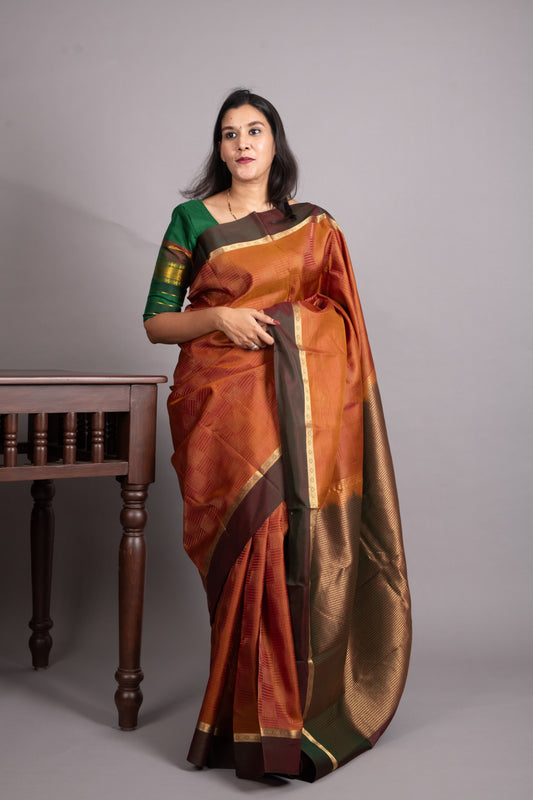Rich burnt orange and Dual Tone Green Pure Kanjivaram Silk Saree