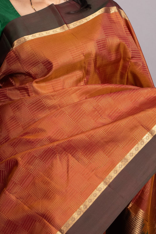 Rich burnt orange and Dual Tone Green Pure Kanjivaram Silk Saree