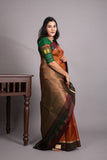 Rich burnt orange and Dual Tone Green Pure Kanjivaram Silk Saree