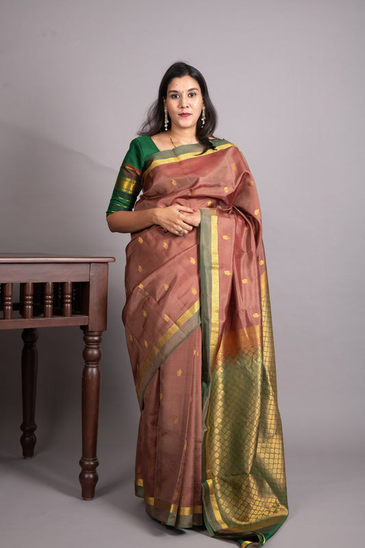 Biscuit Cream and Dual Tone Green Pure Kanjivaram Silk Saree
