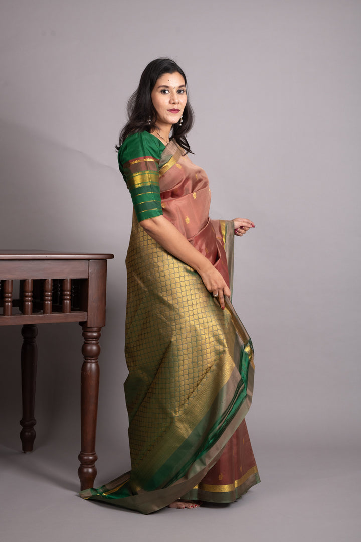 Biscuit Cream and Dual Tone Green Pure Kanjivaram Silk Saree