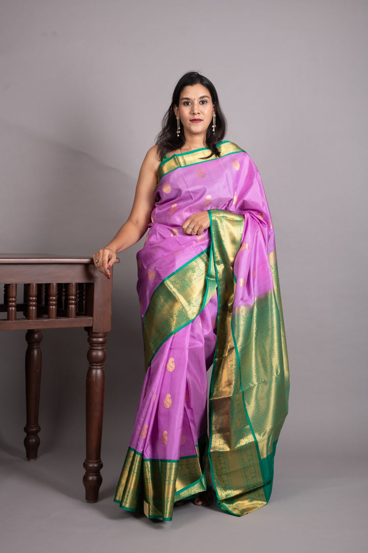 Orchid Purple and Teal Blue Pure Kanjivaram Silk Saree