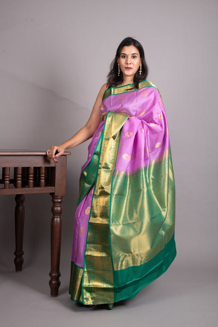 Orchid Purple and Teal Blue Pure Kanjivaram Silk Saree