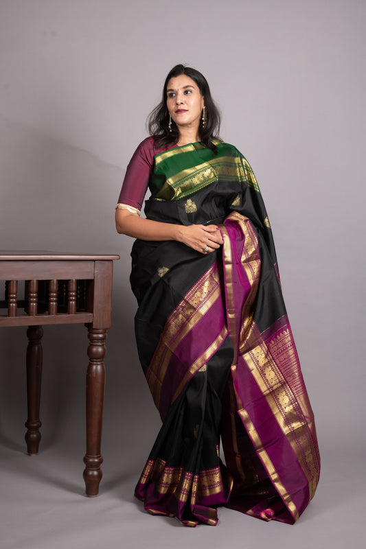 Black and Magenta Pure Kanjivaram Silk Saree