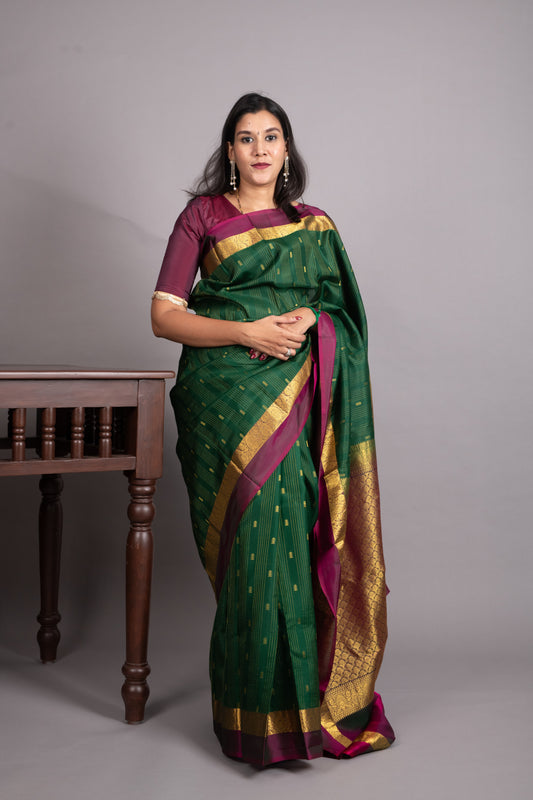 Forest Green and Burgundy Pure Kanjivaram Silk Saree