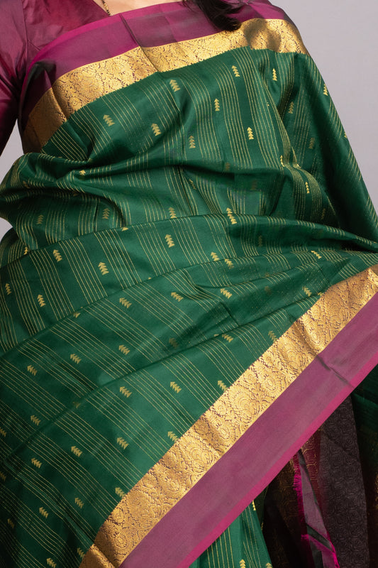 Forest Green and Burgundy Pure Kanjivaram Silk Saree