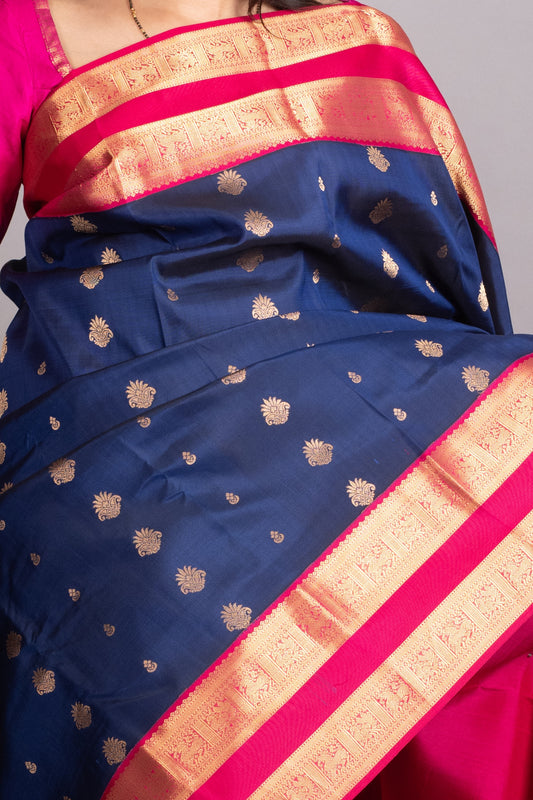 Royal Blue and Rani Pink Pure Kanjivaram Silk Saree