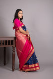Royal Blue and Rani Pink Pure Kanjivaram Silk Saree