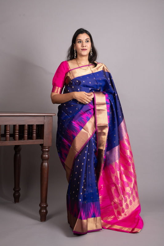 Royal Blue and Rani Pink Pure Kanjivaram Silk Saree