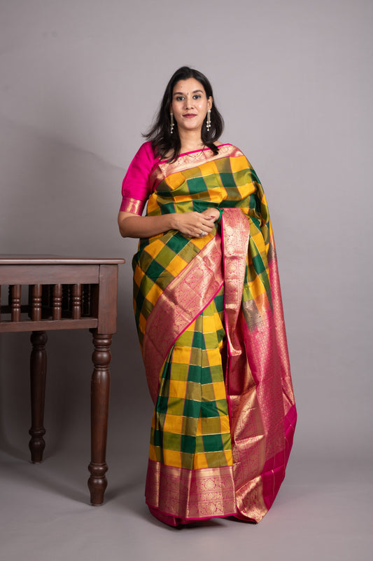 MultiColour Checks Pure Kanjivaram Silk Saree