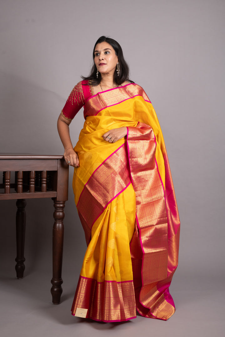 Cyber Yellow and Rani Pink Pure Kanjivaram Silk Saree