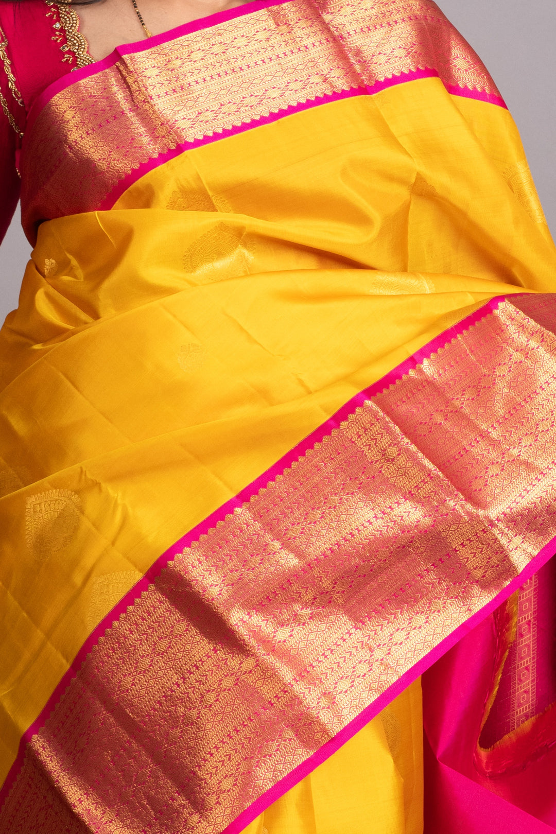 Cyber Yellow and Rani Pink Pure Kanjivaram Silk Saree