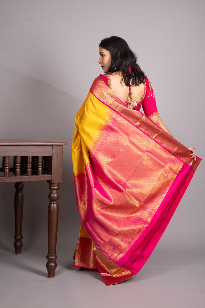Cyber Yellow and Rani Pink Pure Kanjivaram Silk Saree