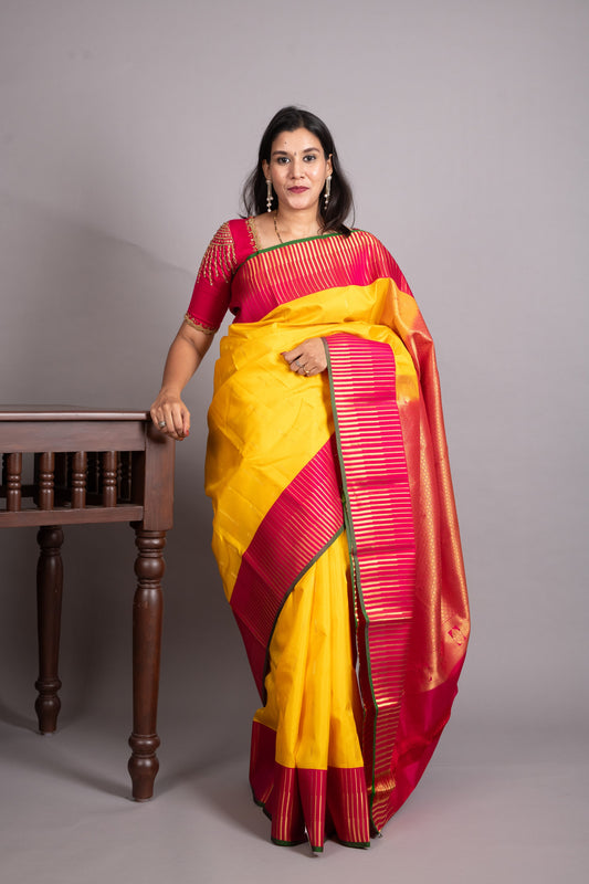 Bright Yellow and Raspberry Pink Pure Kanjivaram Silk Saree