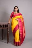 Bright Yellow and Raspberry Pink Pure Kanjivaram Silk Saree