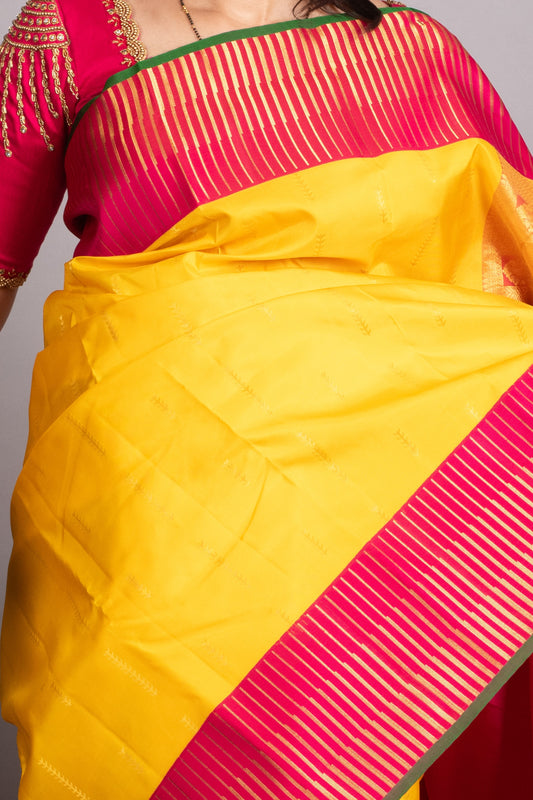 Bright Yellow and Raspberry Pink Pure Kanjivaram Silk Saree