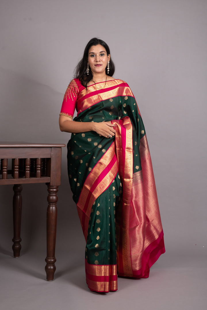 Bottel Green and Deep Pink Pure Kanjivarm Silk Saree