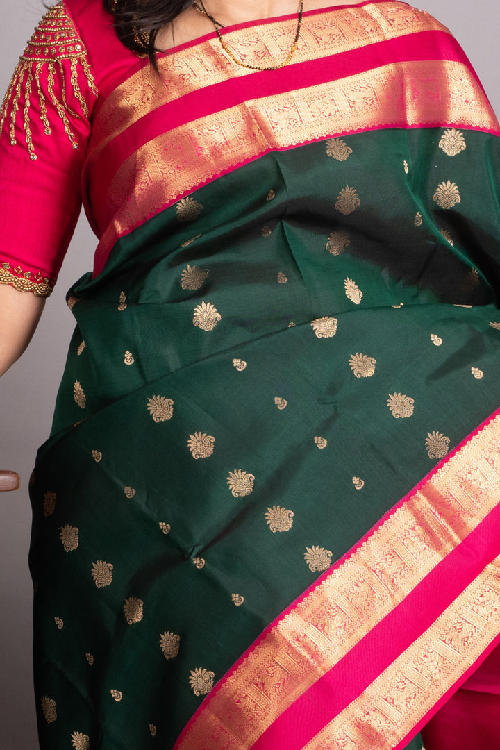 Bottel Green and Deep Pink Pure Kanjivarm Silk Saree