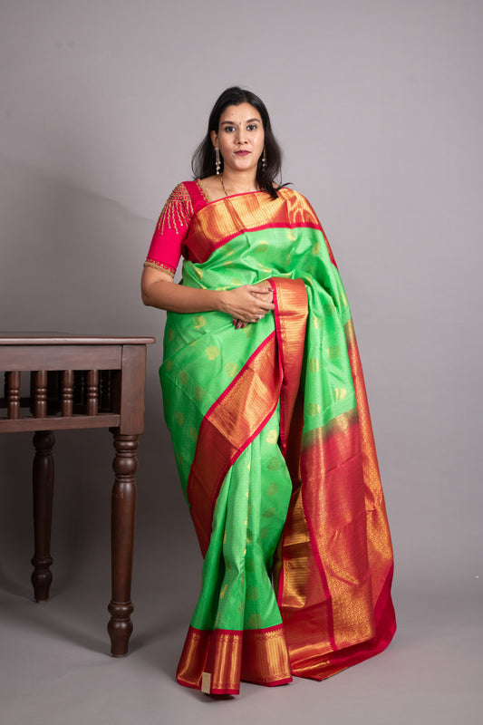 Inchworm Green and Raspberry Pure Kanjivaram Silk Saree