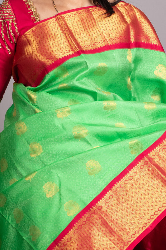 Inchworm Green and Raspberry Pure Kanjivaram Silk Saree