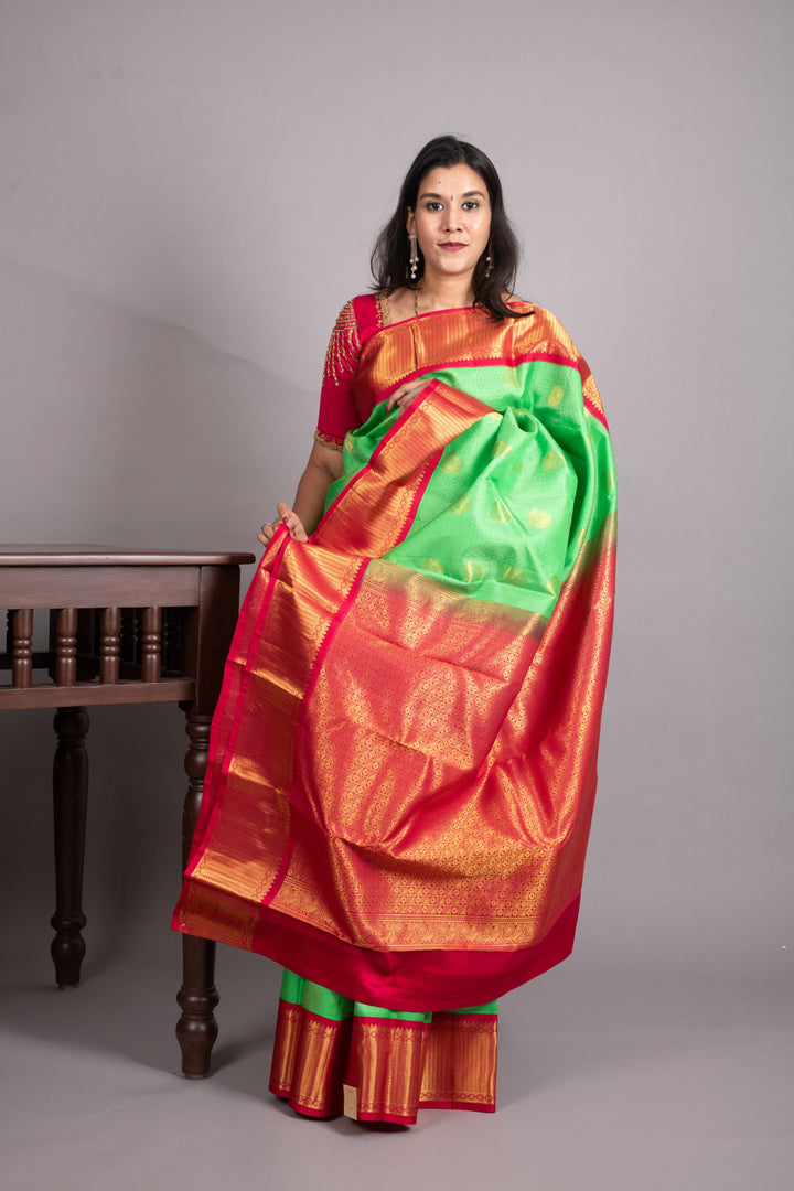 Parrot Green and Raspberry Pure Kanjivaram Silk Saree