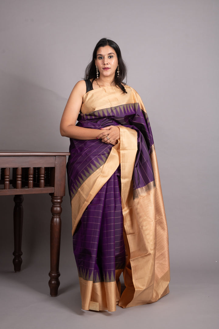 Plum Purple and Latte Pure Kanjivaram Silk Saree