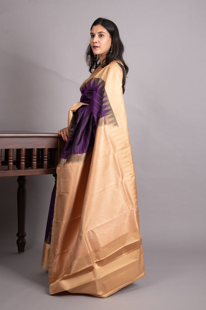 Plum Purple and Latte Pure Kanjivaram Silk Saree