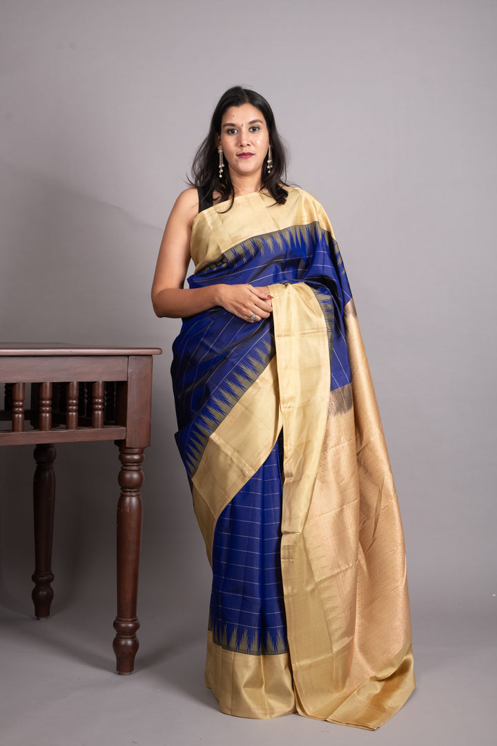 Royal Blue and Beige Pure kanjivaram Silk Saree