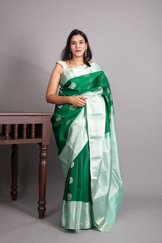 Emerald Green and Pistachio Green Pure Kanjivaram Silk Saree