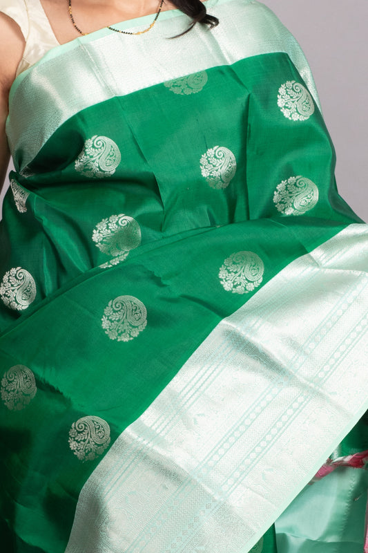 Emerald Green and Pistachio Green Pure Kanjivaram Silk Saree