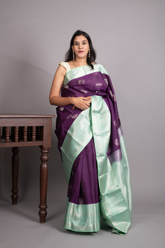 Violet and Teal Green Pure Kanjivaram Silk Saree