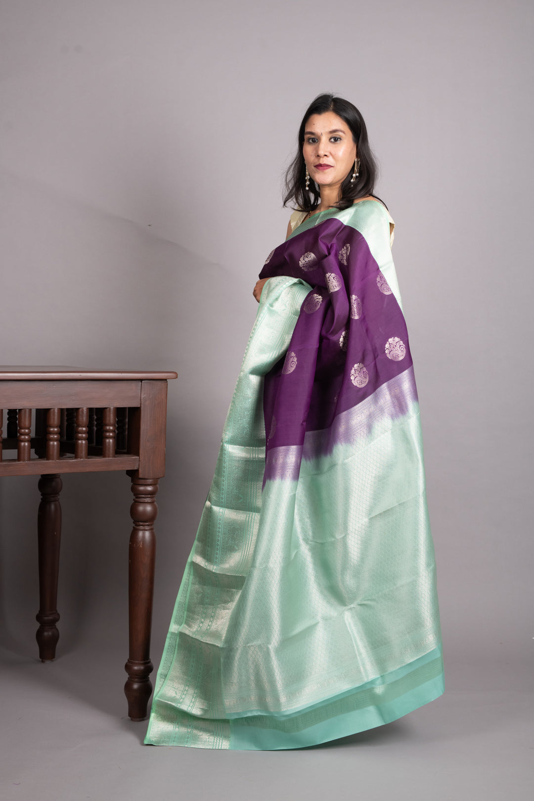 Violet and Teal Green Pure Kanjivaram Silk Saree
