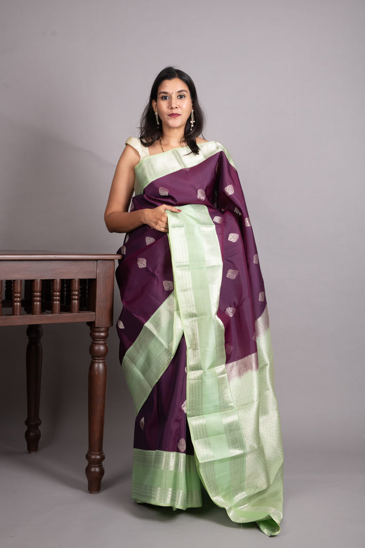 Violet And Mint Green Pure Kanjivaram Silk Saree