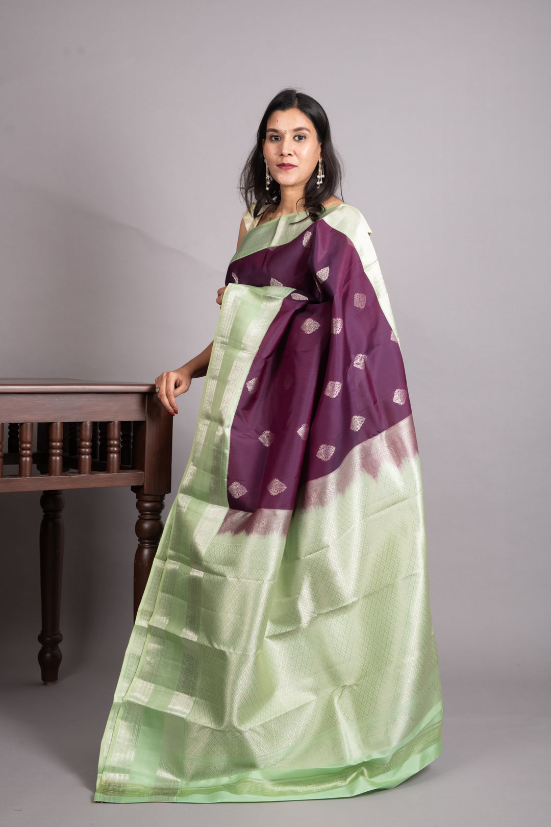 Violet And Mint Green Pure Kanjivaram Silk Saree