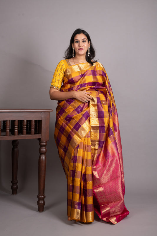 Multi Colour Checks Pure Kanjivaram Silk Saree