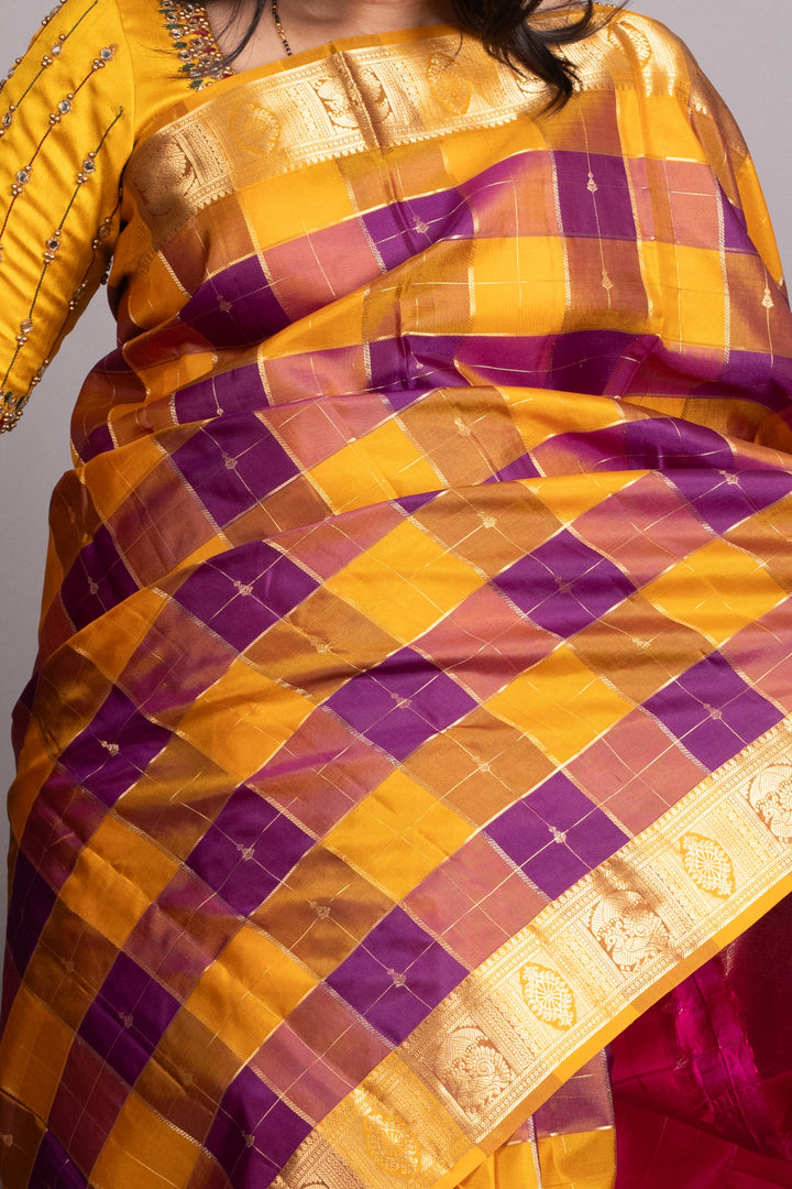 Multi Colour Checks Pure Kanjivaram Silk Saree