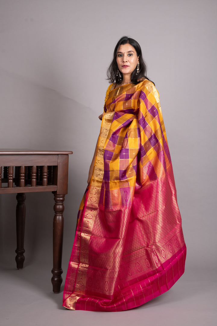 Multi Colour Checks Pure Kanjivaram Silk Saree