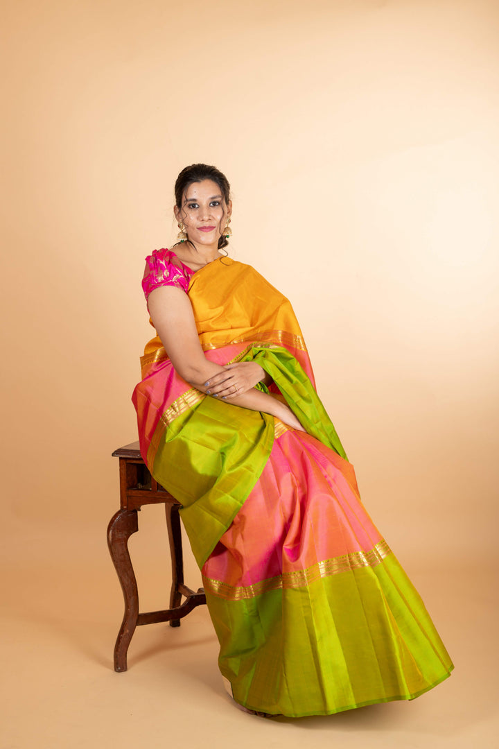Earthy Green-Yellow Two Tone Saree