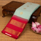 Seafoam Blue and Chilli red semi silk saree