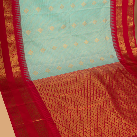 Seafoam Blue and Chilli red semi silk saree