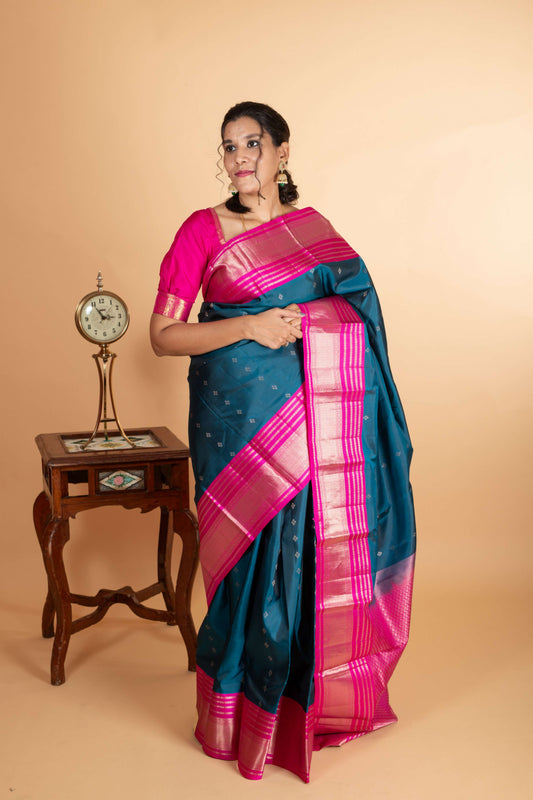 Dark Blue & Pink Kanchipuram Silk Saree