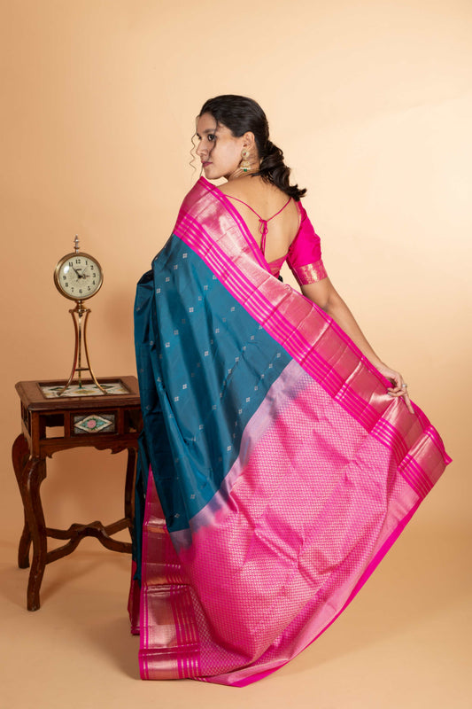Dark Blue & Pink Kanchipuram Silk Saree