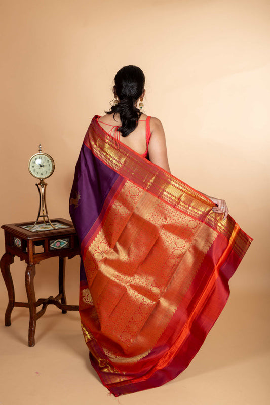 Purple and rust pure kanjivaram silk saree